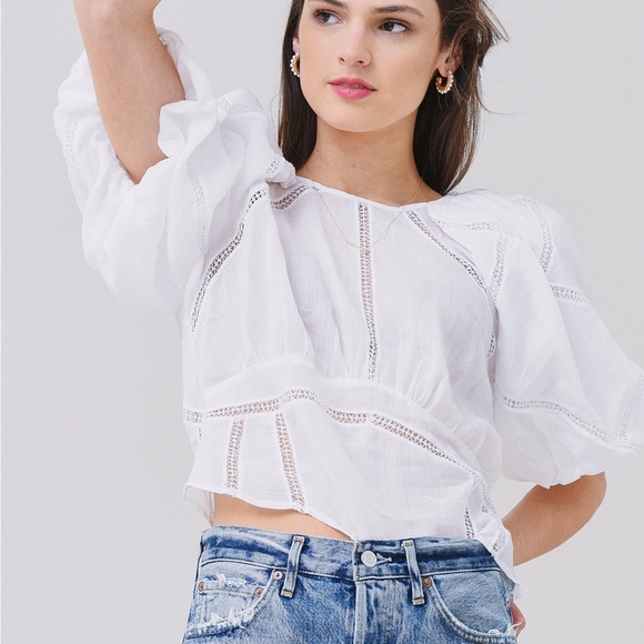 Frame Inset Lace Gathered Seam Top, Size S, White - Picture 4 of 11